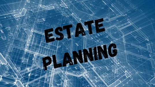 The words Estate Planning in the foreground and a design against a teal backdrop in the background.